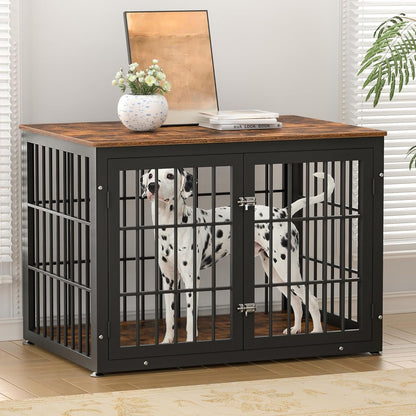 Rustic Dog Crate Furniture – Heavy Duty Wooden Kennel & End Table for Large/Medium Dogs (42" Brown) - Paw Fit Gears