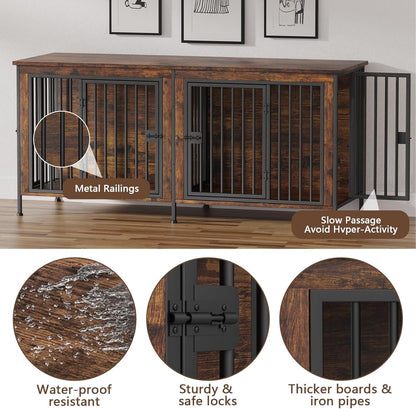 78" XXL Dog Crate Furniture for 2 Large Dogs – Double Kennel with Divider, Wooden TV Stand Style Dog Cage with Doors & Storage (Rustic Brown) - Paw Fit Gears