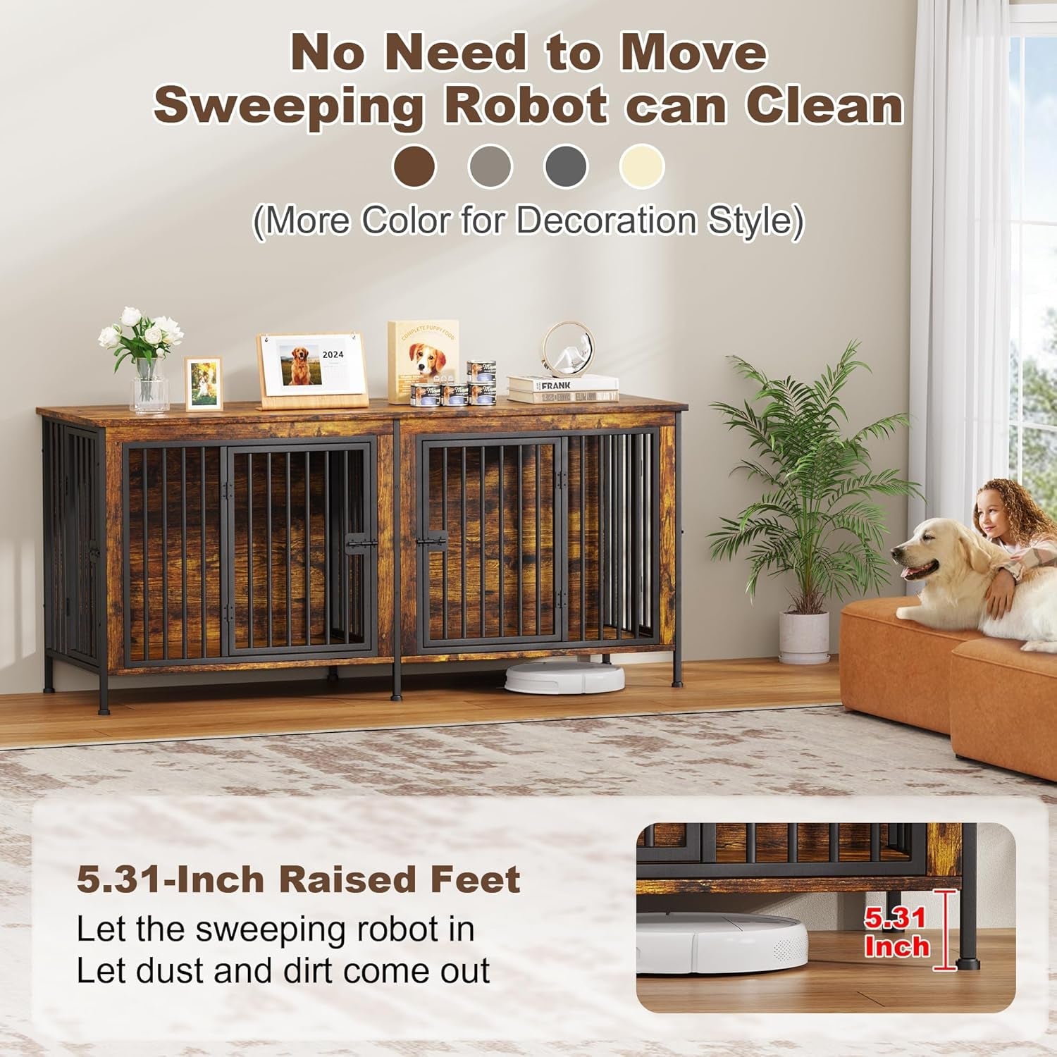 78" XXL Dog Crate Furniture for 2 Large Dogs – Double Kennel with Divider, Wooden TV Stand Style Dog Cage with Doors & Storage (Rustic Brown) - Paw Fit Gears